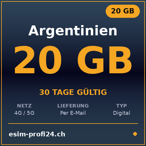 eSIM Argentinien – 20 GB / 30 Tage — eSIM Datenpaket kaufen, sofort per E-Mail | eSIMProfi24