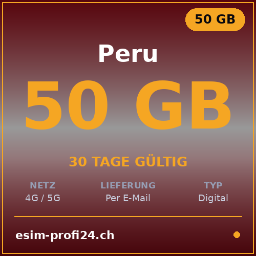 eSIM Pérou – 50 Go / 30 jours — eSIM Datenpaket kaufen, sofort per E-Mail | eSIMProfi24