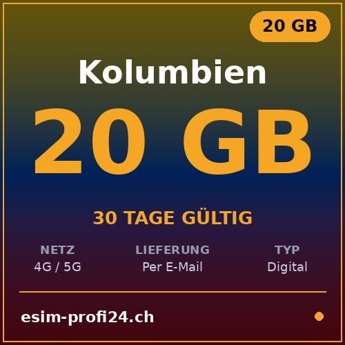 eSIM Colombie – 20 Go / 30 jours