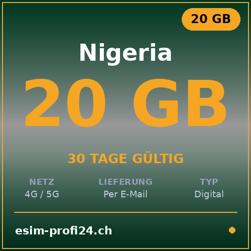 eSIM Nigeria – 20 GB / 30 giorni — eSIM Datenpaket kaufen, sofort per E-Mail | eSIMProfi24