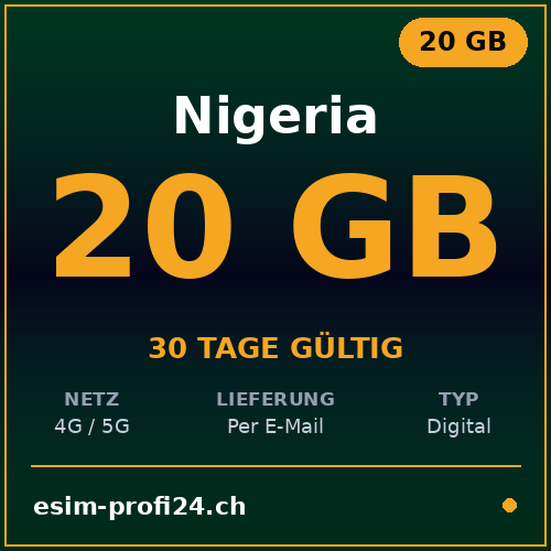 eSIM Nigeria – 20 GB / 30 giorni — eSIM Datenpaket kaufen, sofort per E-Mail | eSIMProfi24