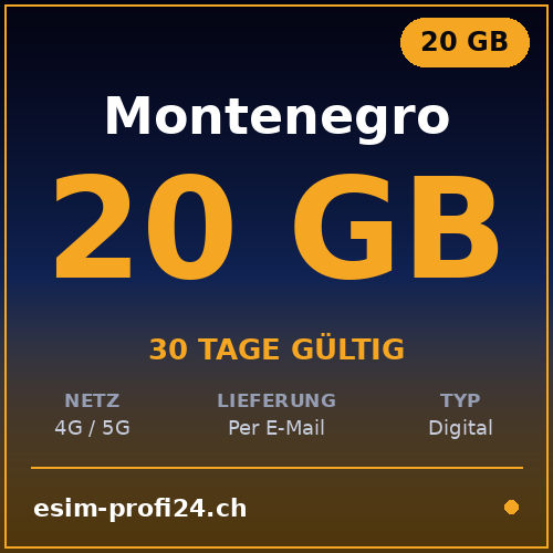 eSIM Monténégro – 20 Go / 30 jours — eSIM Datenpaket kaufen, sofort per E-Mail | eSIMProfi24