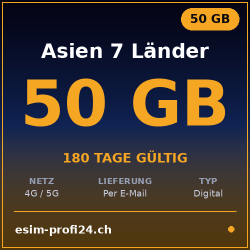 eSIM Asie 7 pays – 50 Go / 180 jours — eSIM Datenpaket kaufen, sofort per E-Mail | eSIMProfi24