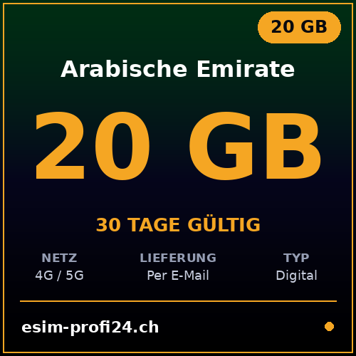 eSIM United Arab Emirates – 20 GB / 30 days — eSIM Datenpaket kaufen, sofort per E-Mail | eSIMProfi24