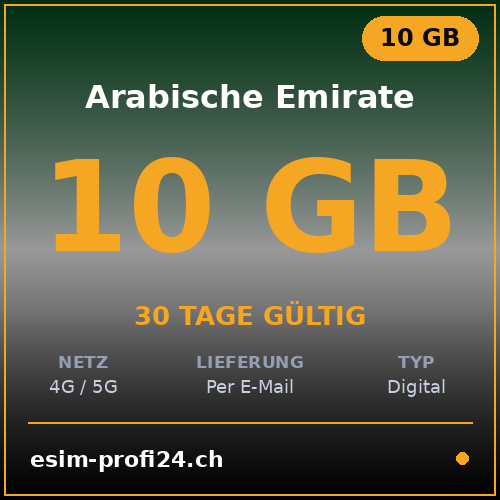 eSIM Arabische Emirate – 10 GB / 30 Tage — eSIM Datenpaket kaufen, sofort per E-Mail | eSIMProfi24