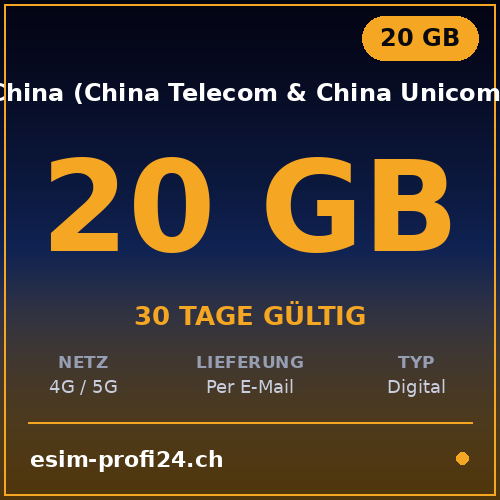 eSIM China (China Telecom & China Unicom) – 20 GB / 30 Tage — eSIM Datenpaket kaufen, sofort per E-Mail | eSIMProfi24