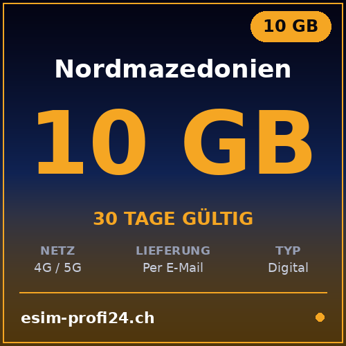 eSIM Macedonia del Nord – 10 GB / 30 giorni — eSIM Datenpaket kaufen, sofort per E-Mail | eSIMProfi24