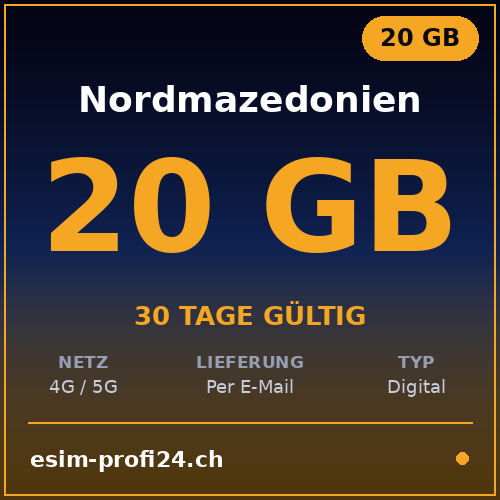 eSIM Macedonia del Nord – 20 GB / 30 giorni — eSIM Datenpaket kaufen, sofort per E-Mail | eSIMProfi24