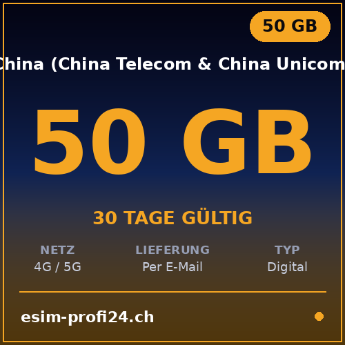 eSIM Cina (China Telecom & China Unicom) – 50 GB / 30 giorni