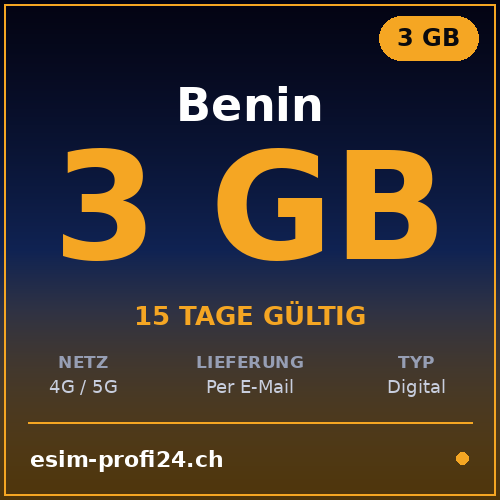 eSIM Benin – 3 GB / 15 giorni — eSIM Datenpaket kaufen, sofort per E-Mail | eSIMProfi24