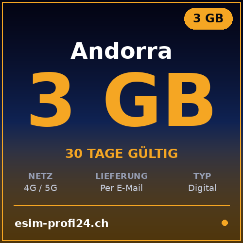 eSIM Andorre – 3 Go / 30 jours — eSIM Datenpaket kaufen, sofort per E-Mail | eSIMProfi24