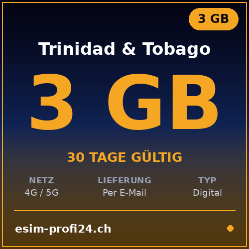 eSIM Trinité-et-Tobago – 3 Go / 30 jours — eSIM Datenpaket kaufen, sofort per E-Mail | eSIMProfi24