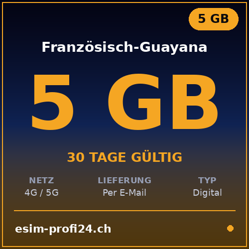 eSIM Guyane française – 5 Go / 30 jours — eSIM Datenpaket kaufen, sofort per E-Mail | eSIMProfi24