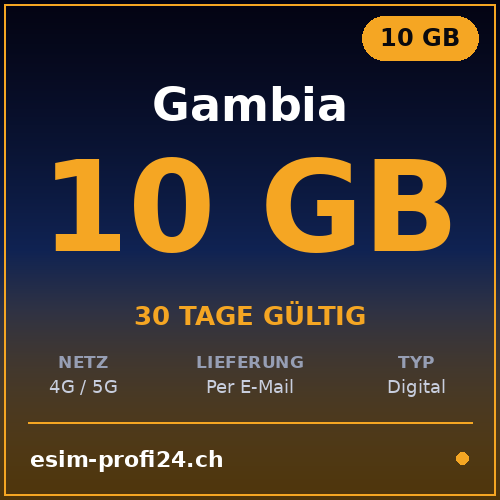 eSIM Gambia – 10 GB / 30 giorni — eSIM Datenpaket kaufen, sofort per E-Mail | eSIMProfi24