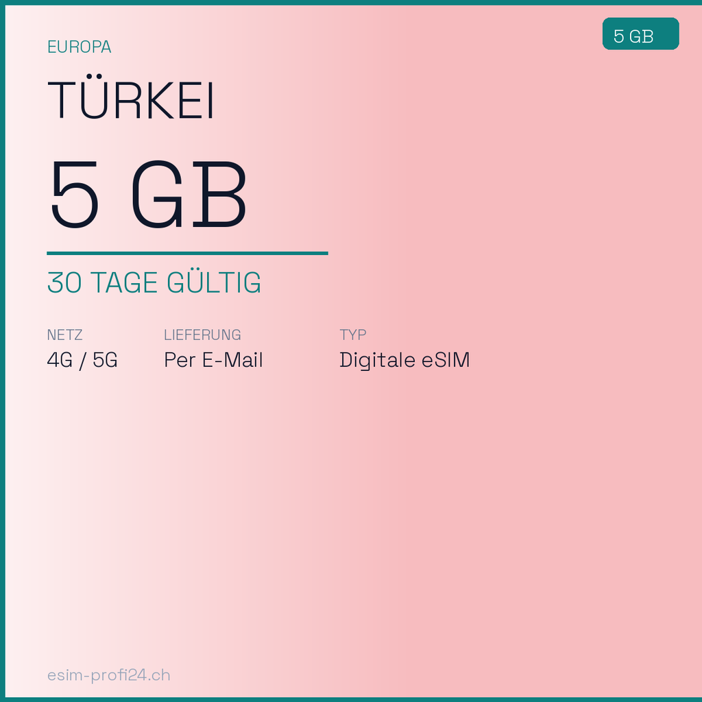 eSIM Türkei – 5 GB / 30 Tage — eSIM Datenpaket kaufen, sofort per E-Mail | eSIMProfi24