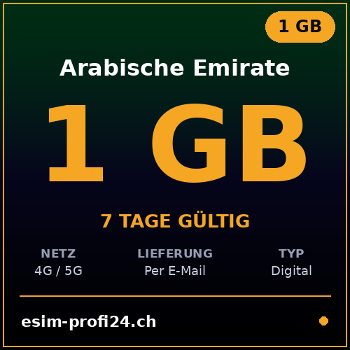 eSIM Emirati Arabi Uniti – 1 GB / 7 giorni — eSIM Datenpaket kaufen, sofort per E-Mail | eSIMProfi24