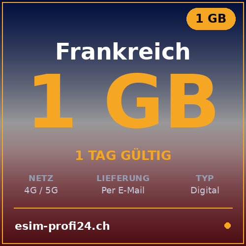 eSIM Frankreich – 1 GB / 1 Tag — eSIM Datenpaket kaufen, sofort per E-Mail | eSIMProfi24
