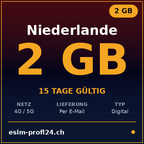 eSIM Pays-Bas – 2 Go / 15 jours — eSIM Datenpaket kaufen, sofort per E-Mail | eSIMProfi24