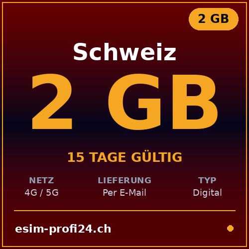 eSIM Schweiz – 2 GB / 15 Tage — eSIM Datenpaket kaufen, sofort per E-Mail | eSIMProfi24