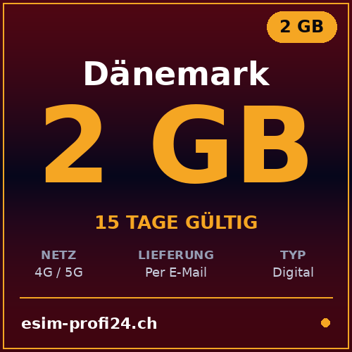 eSIM Dänemark – 2 GB / 15 Tage — eSIM Datenpaket kaufen, sofort per E-Mail | eSIMProfi24
