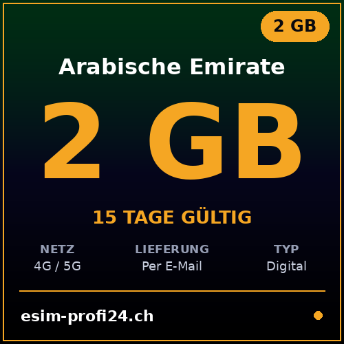 eSIM Emirati Arabi Uniti – 2 GB / 15 giorni — eSIM Datenpaket kaufen, sofort per E-Mail | eSIMProfi24